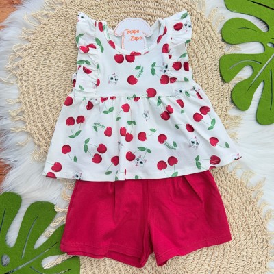 Conj. Batinha Cherries e Short - Off White e Vermelha cerejinha